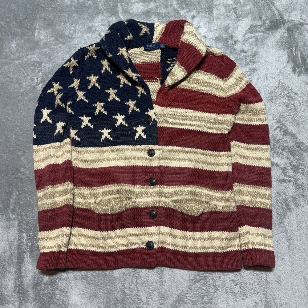 Polo Ralph Lauren American Flag Cardigan Sweater Womens Small Shawl Collar Knit - Picture 1 of 11